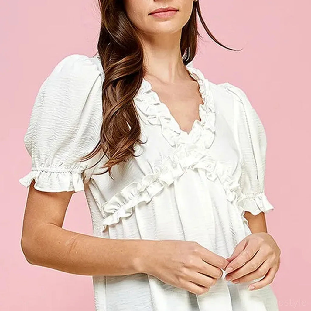 Ruffled Deep V-Neck Puff Sleeve Babydoll Top – Ivory