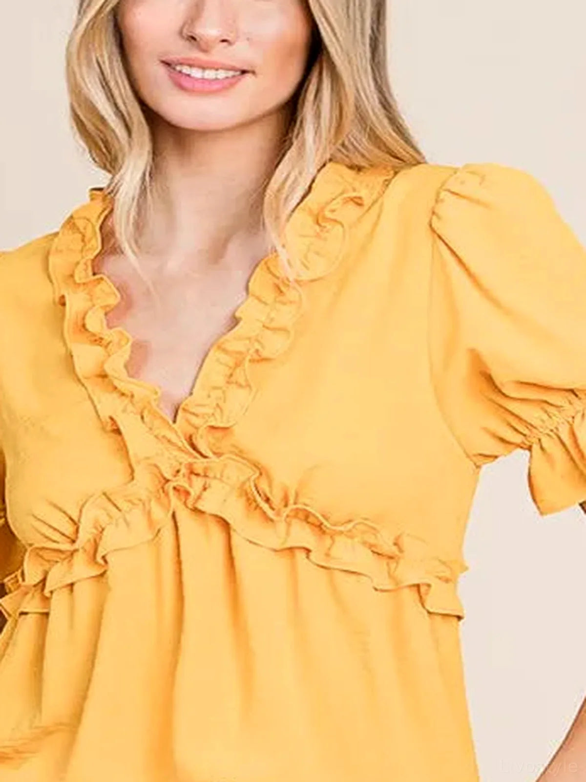 Ruffled Deep V-Neck Puff Sleeve Babydoll Top – Mango