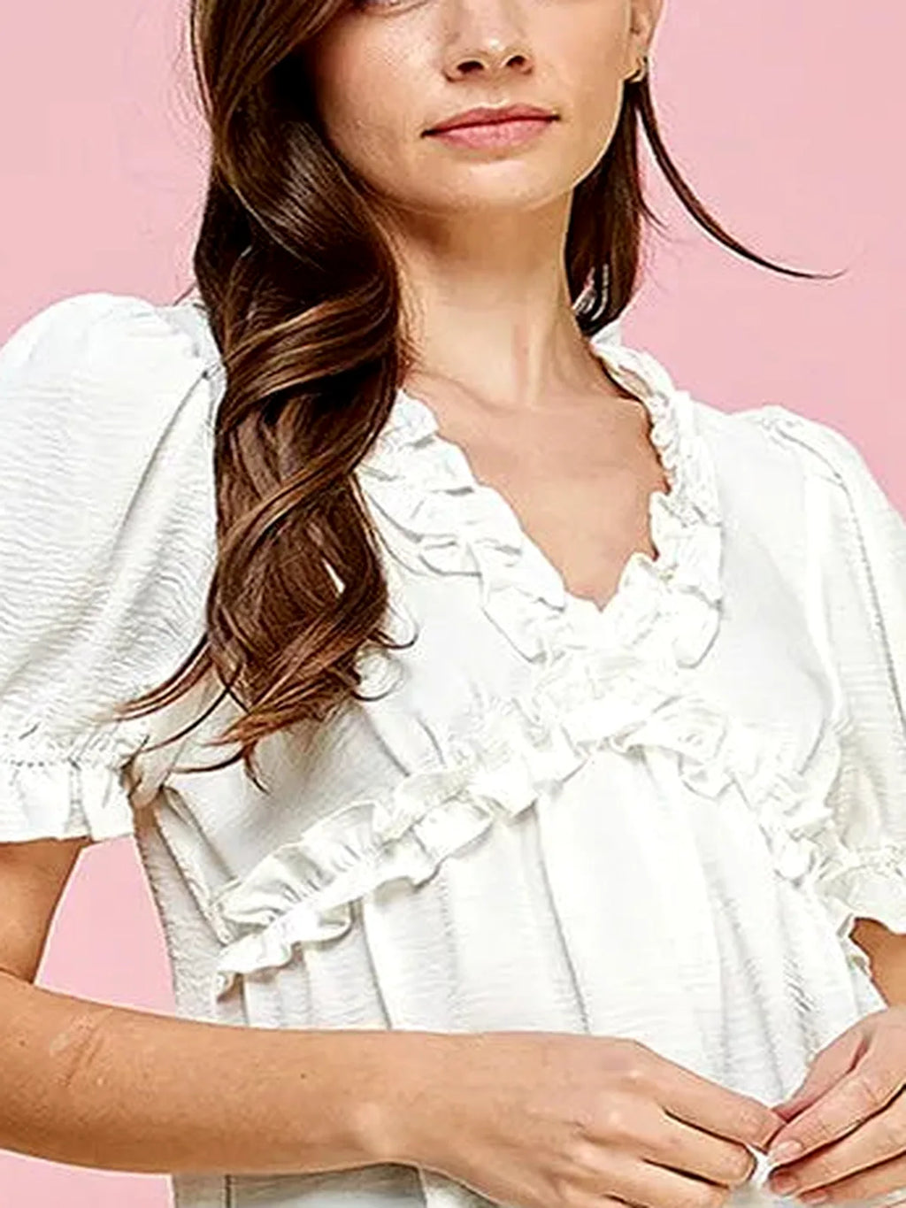 Ruffled Deep V-Neck Puff Sleeve Babydoll Top – Ivory