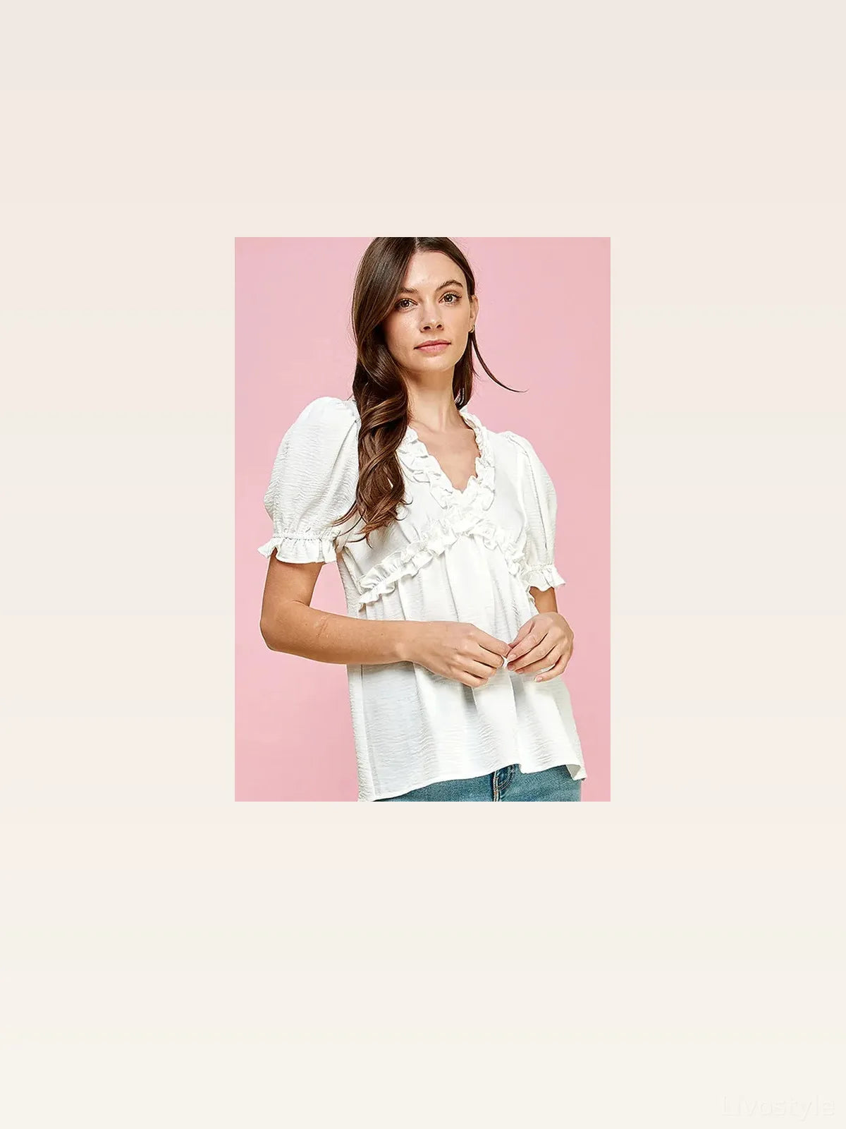Ruffled Deep V-Neck Puff Sleeve Babydoll Top – Ivory