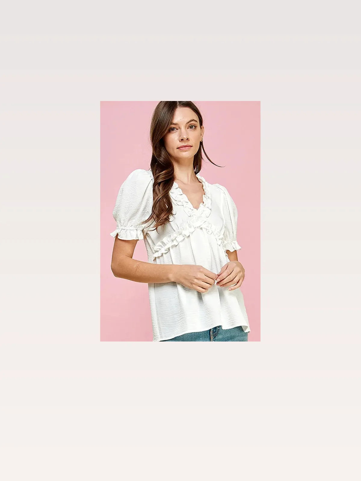 Ruffled Deep V-Neck Puff Sleeve Babydoll Top – Ivory