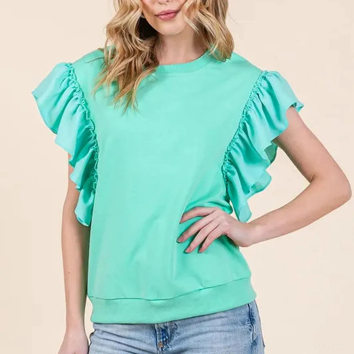Solid Round Neck Top with Shoulder Ruffle Detail