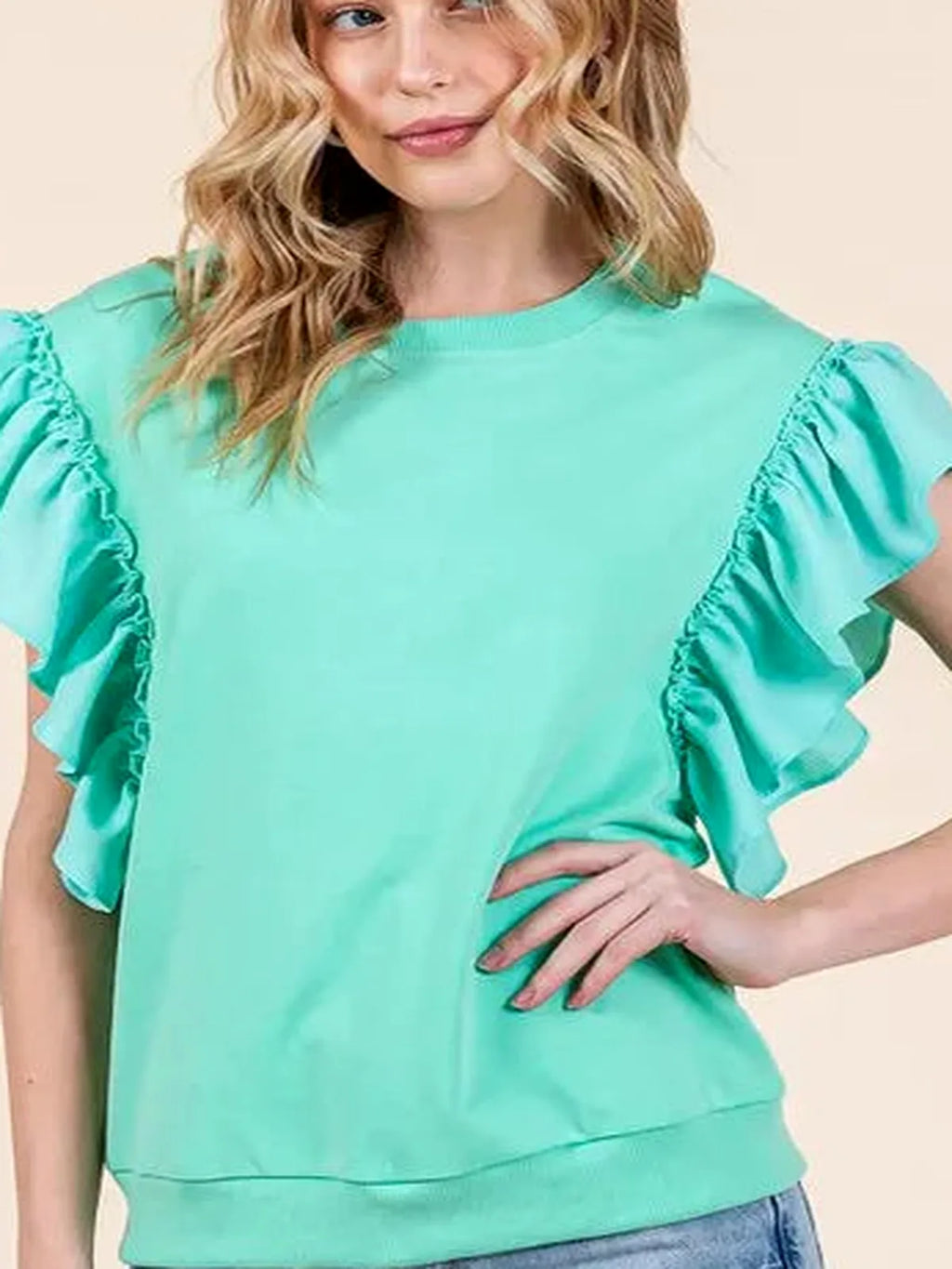 Solid Round Neck Top with Shoulder Ruffle Detail
