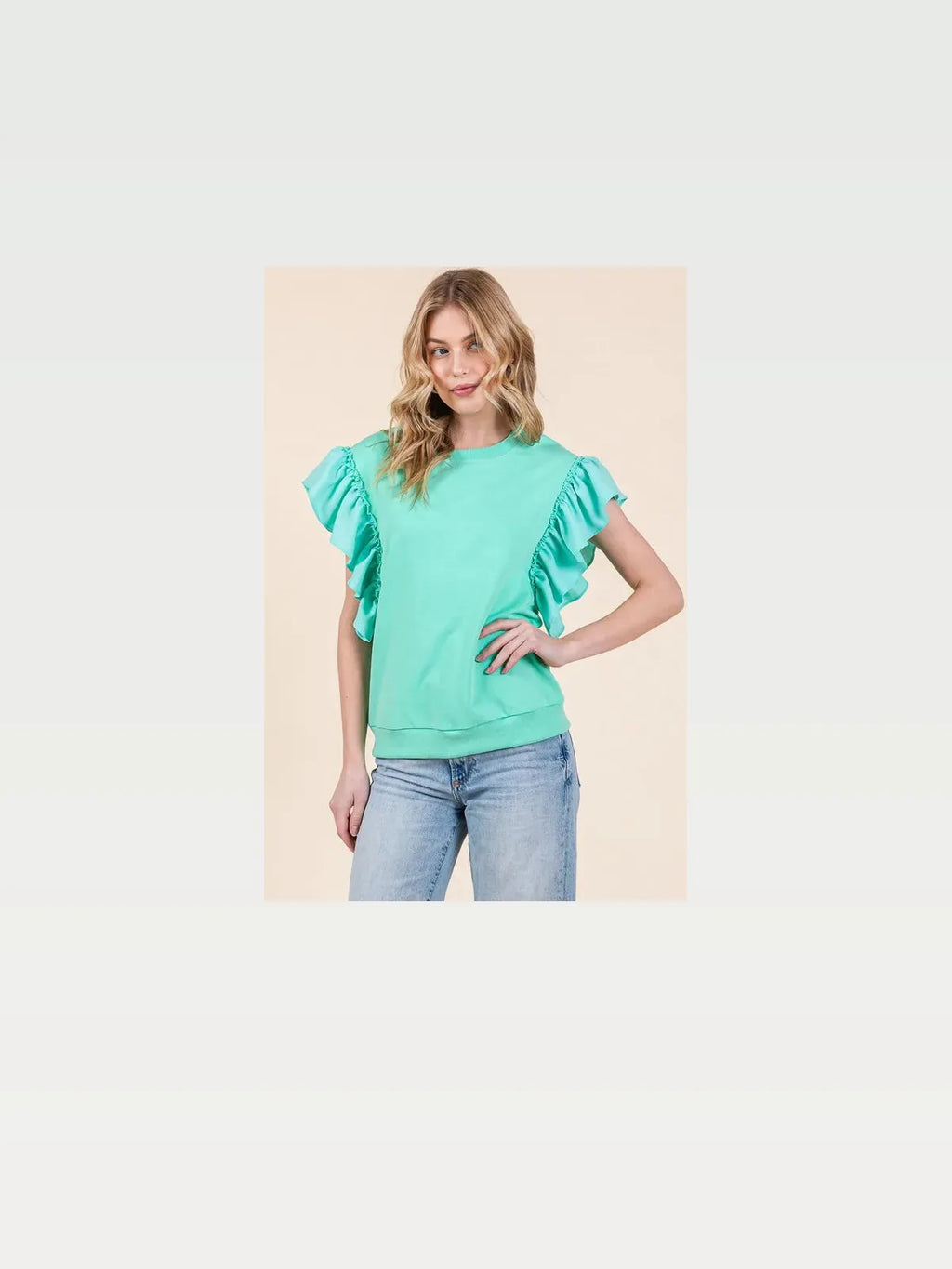 Solid Round Neck Top with Shoulder Ruffle Detail