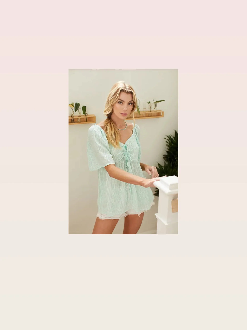 Thin Stripe Tie Front Babydoll Top with Short Sleeves