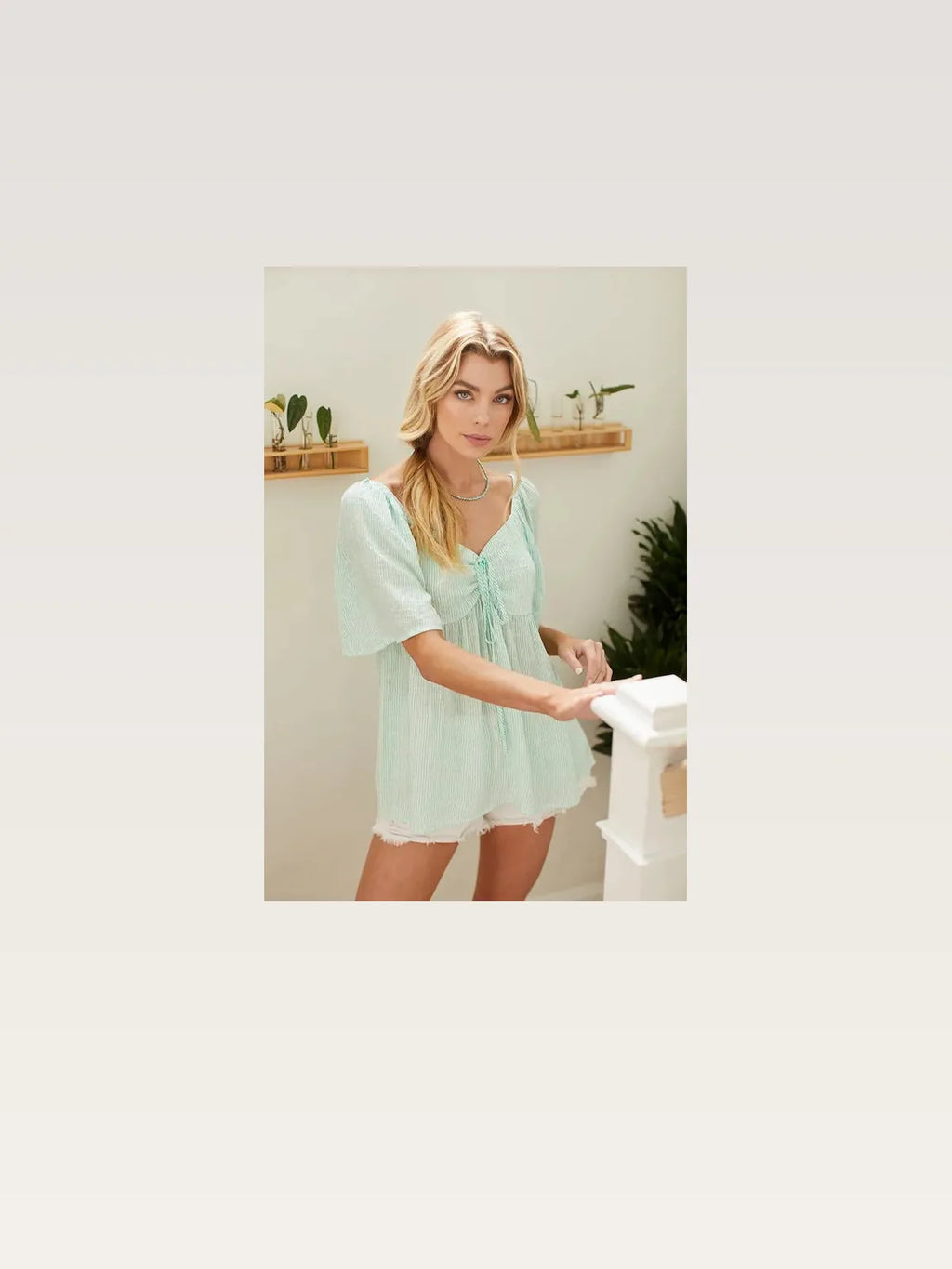 Thin Stripe Tie Front Babydoll Top with Short Sleeves