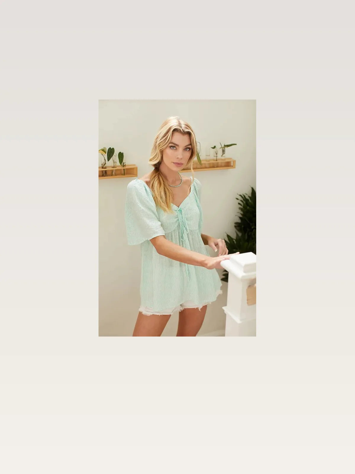 Thin Stripe Tie Front Babydoll Top with Short Sleeves