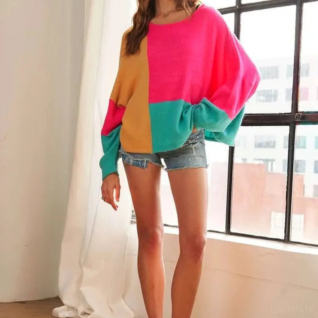 Oversized Colorblock Round Neck Sweater