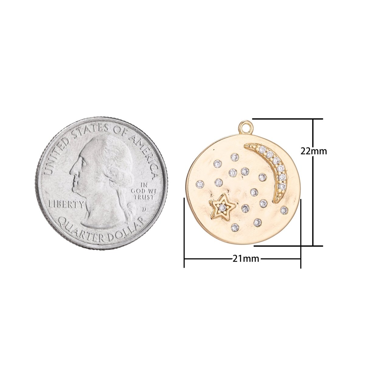 14K Gold Filled Micro Paved CZ Dotted Celestial Star Moon Round Charm | C341