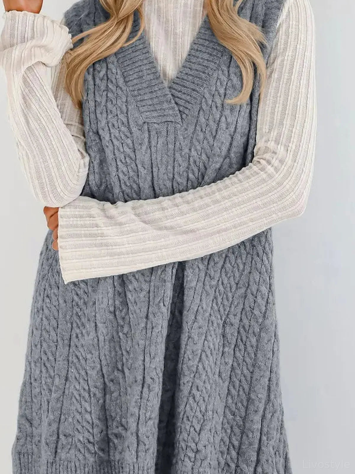 Cable Knit V-Neck Mini Sweater Overall Dress