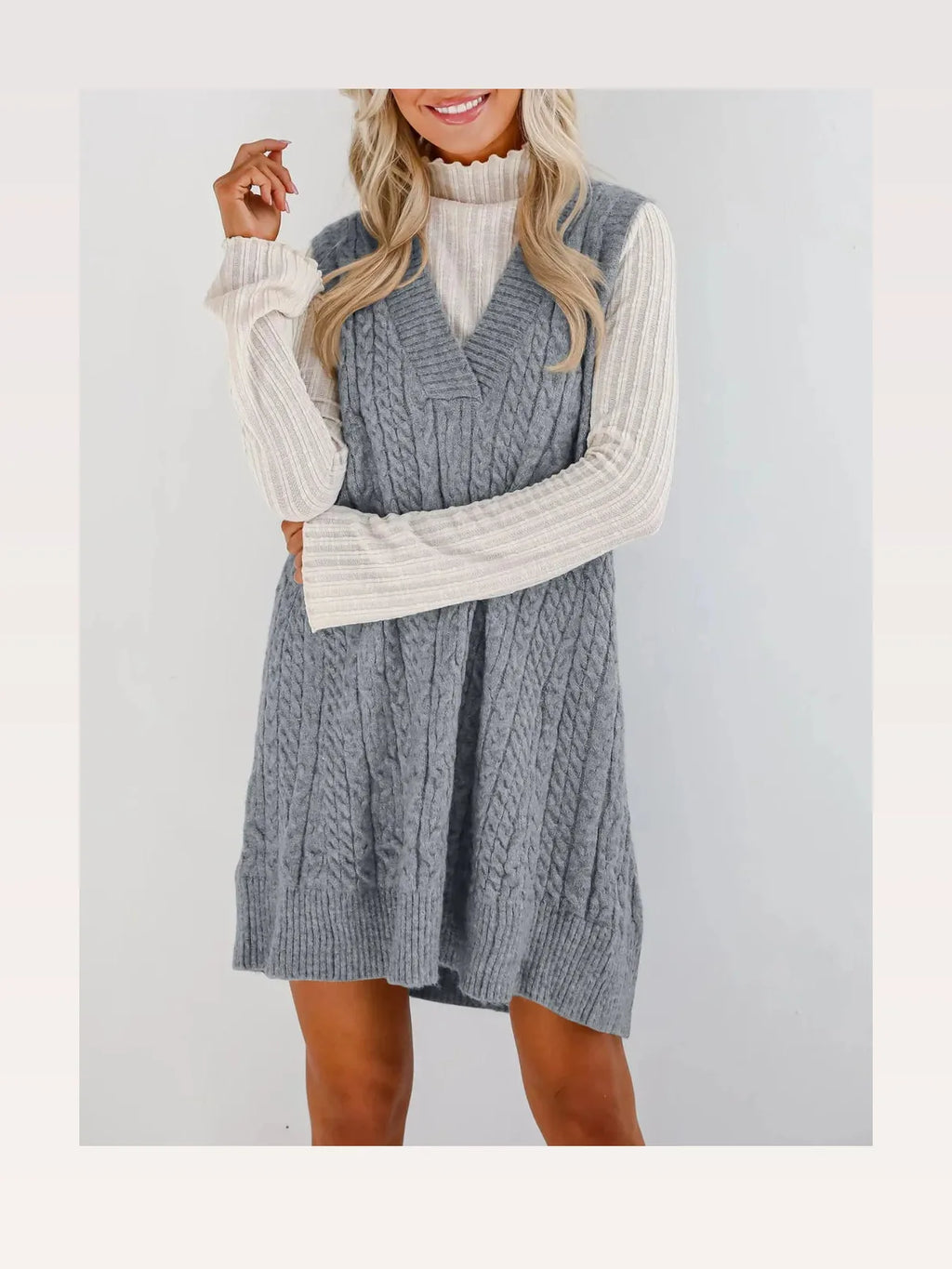 Cable Knit V-Neck Mini Sweater Overall Dress