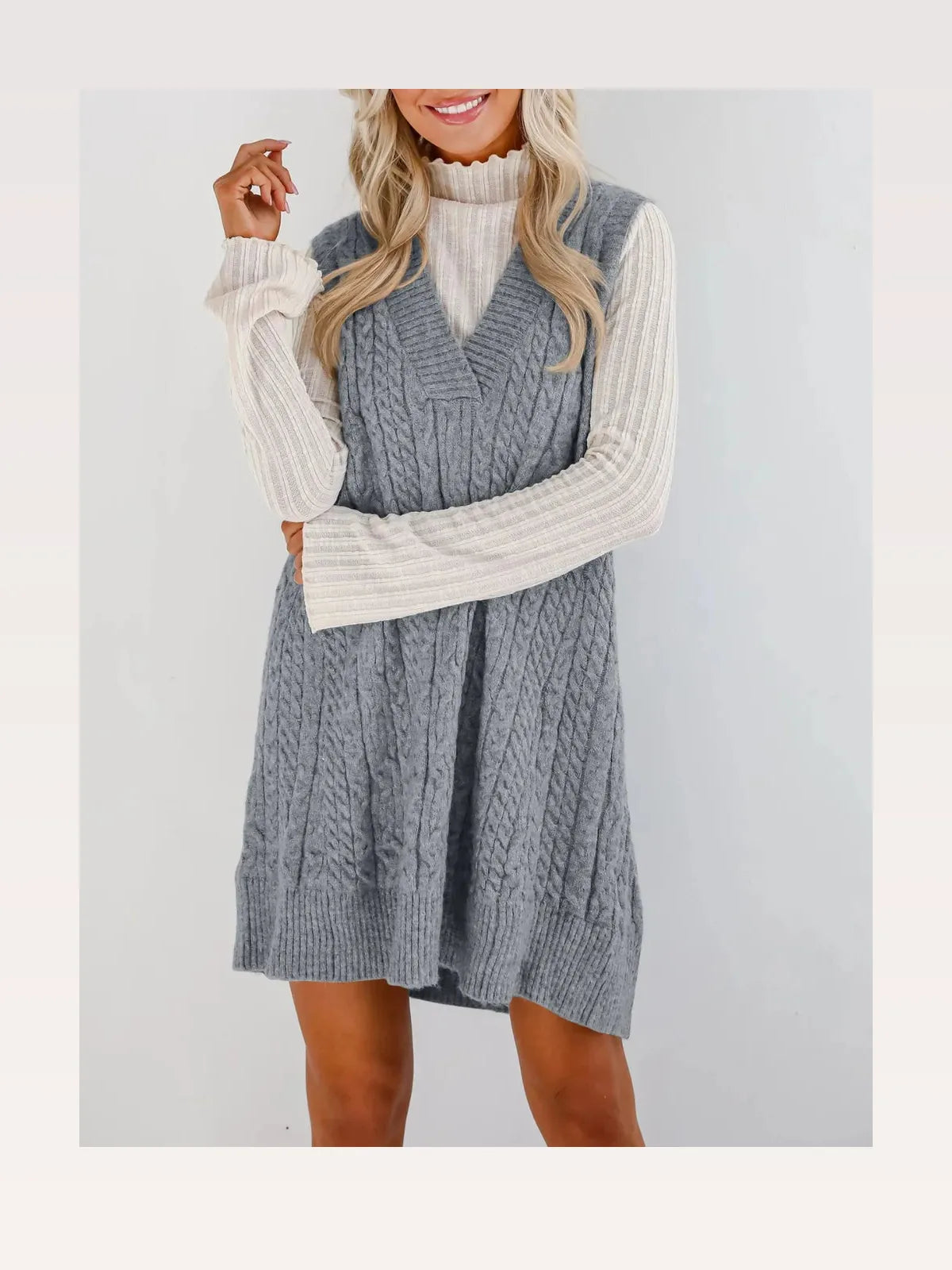 Cable Knit V-Neck Mini Sweater Overall Dress