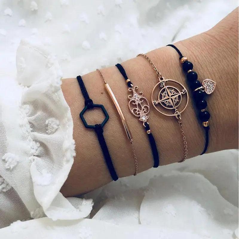 Luxruy Modern Bohemian Gold Color Moon Leaf Crystal Opal Open Bracelet Set for Women In Boho Beach Bangle Jewelry Style