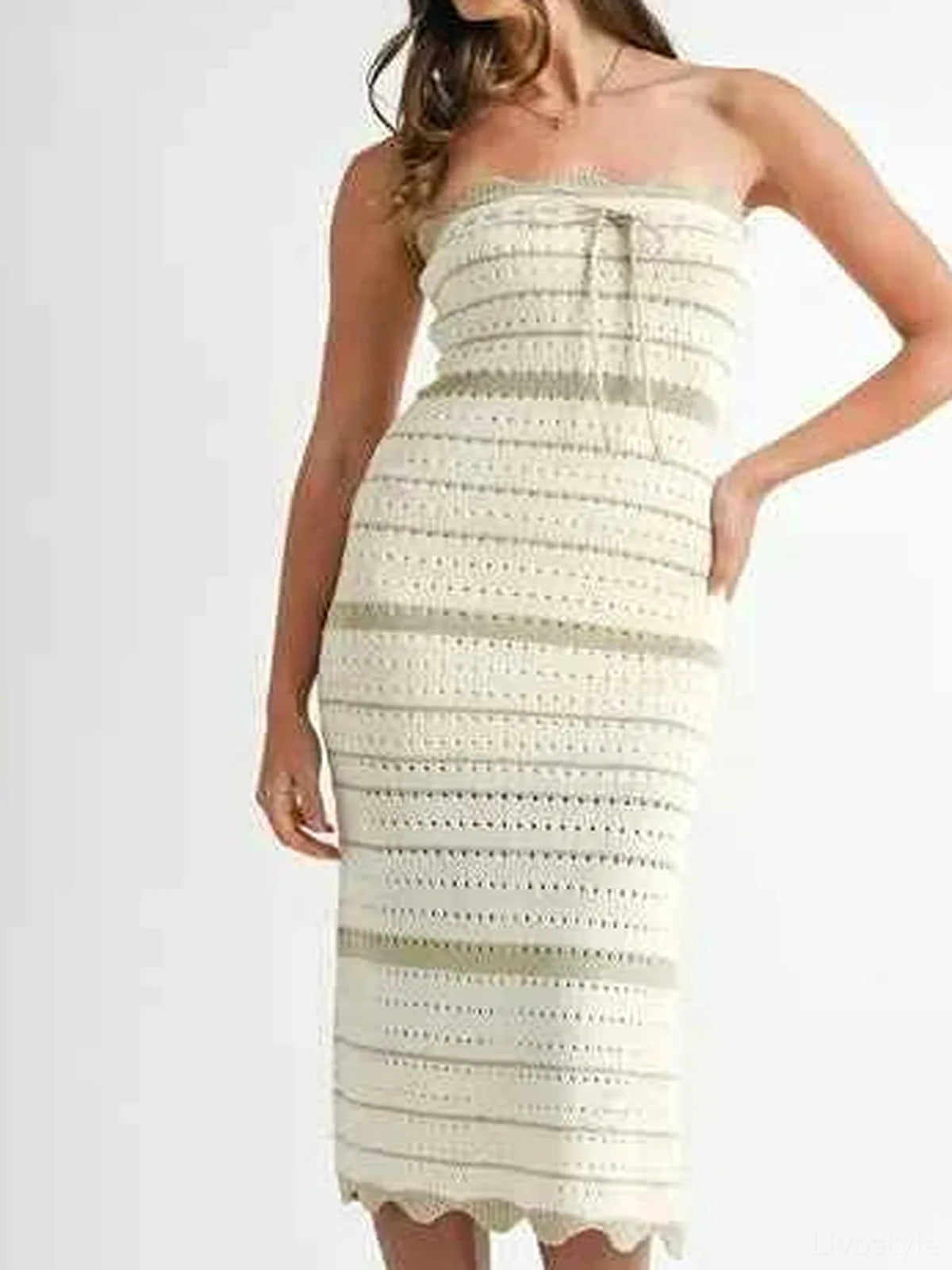 Contrast Striped Crochet Knit Midi Dress with Side Slit
