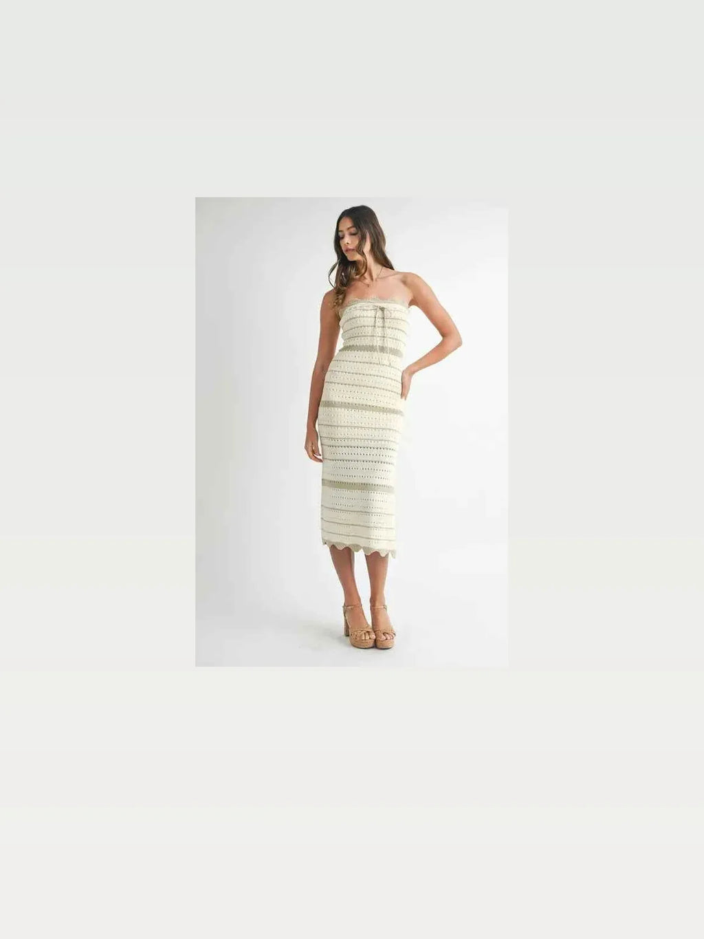 Contrast Striped Crochet Knit Midi Dress with Side Slit