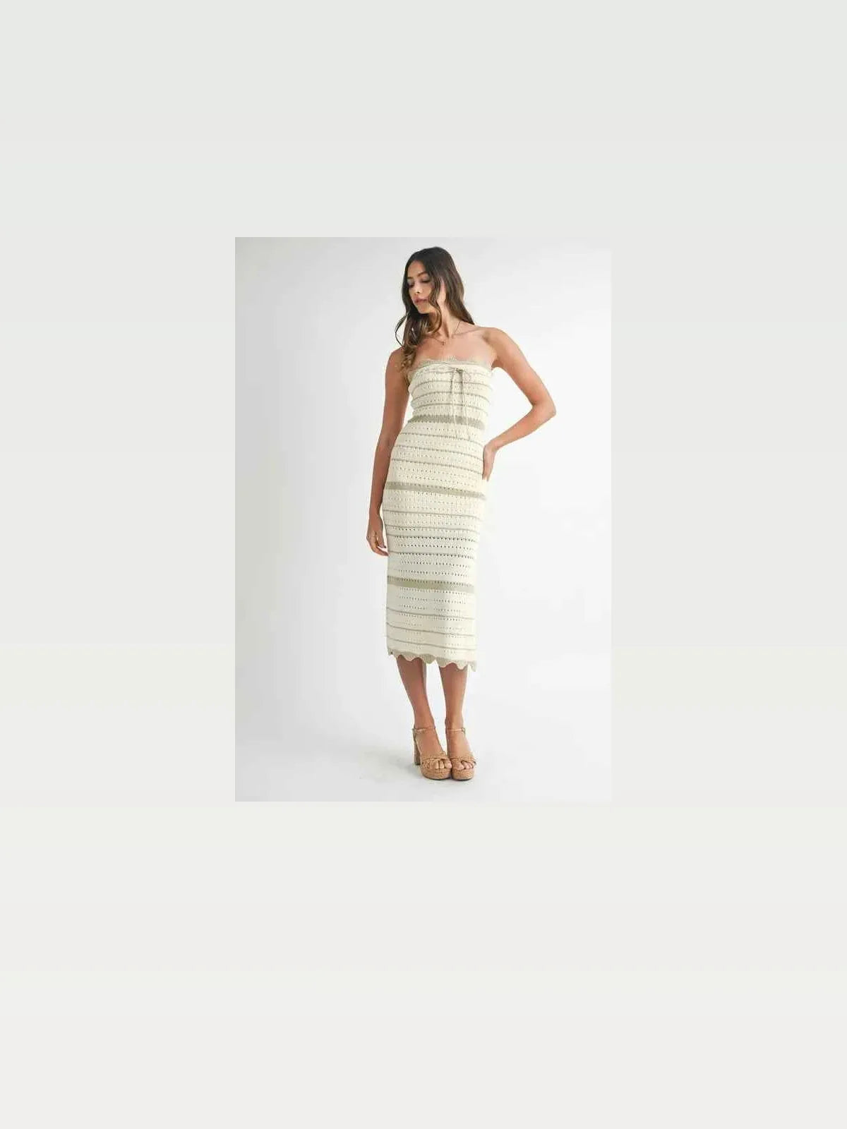 Contrast Striped Crochet Knit Midi Dress with Side Slit