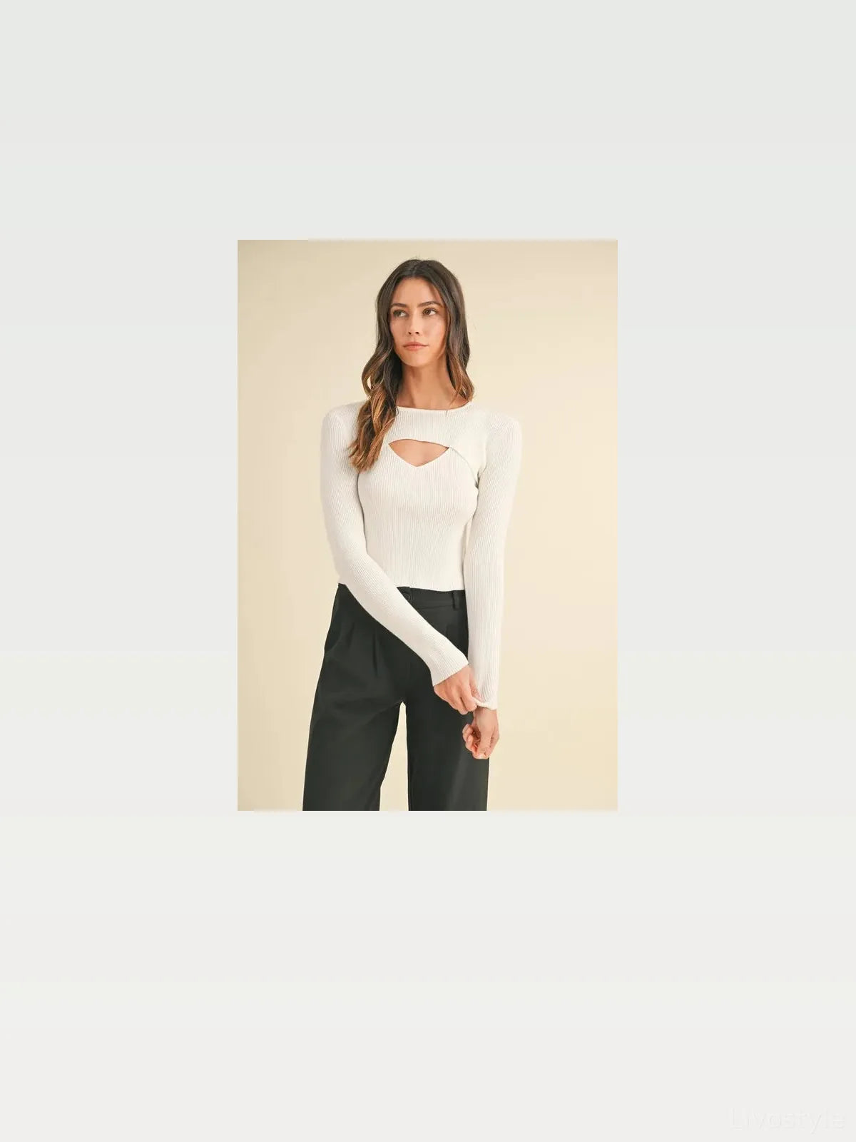 Cut Out Neckline Long Sleeve Ribbed Knit Top