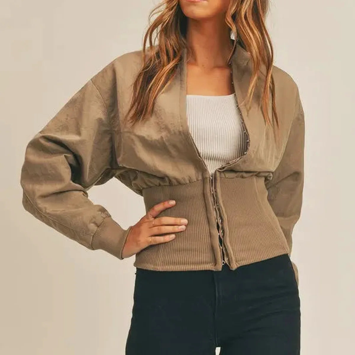 Cropped Long Sleeve Two-Way Zip Jacket with Cinched Waist – Mocha