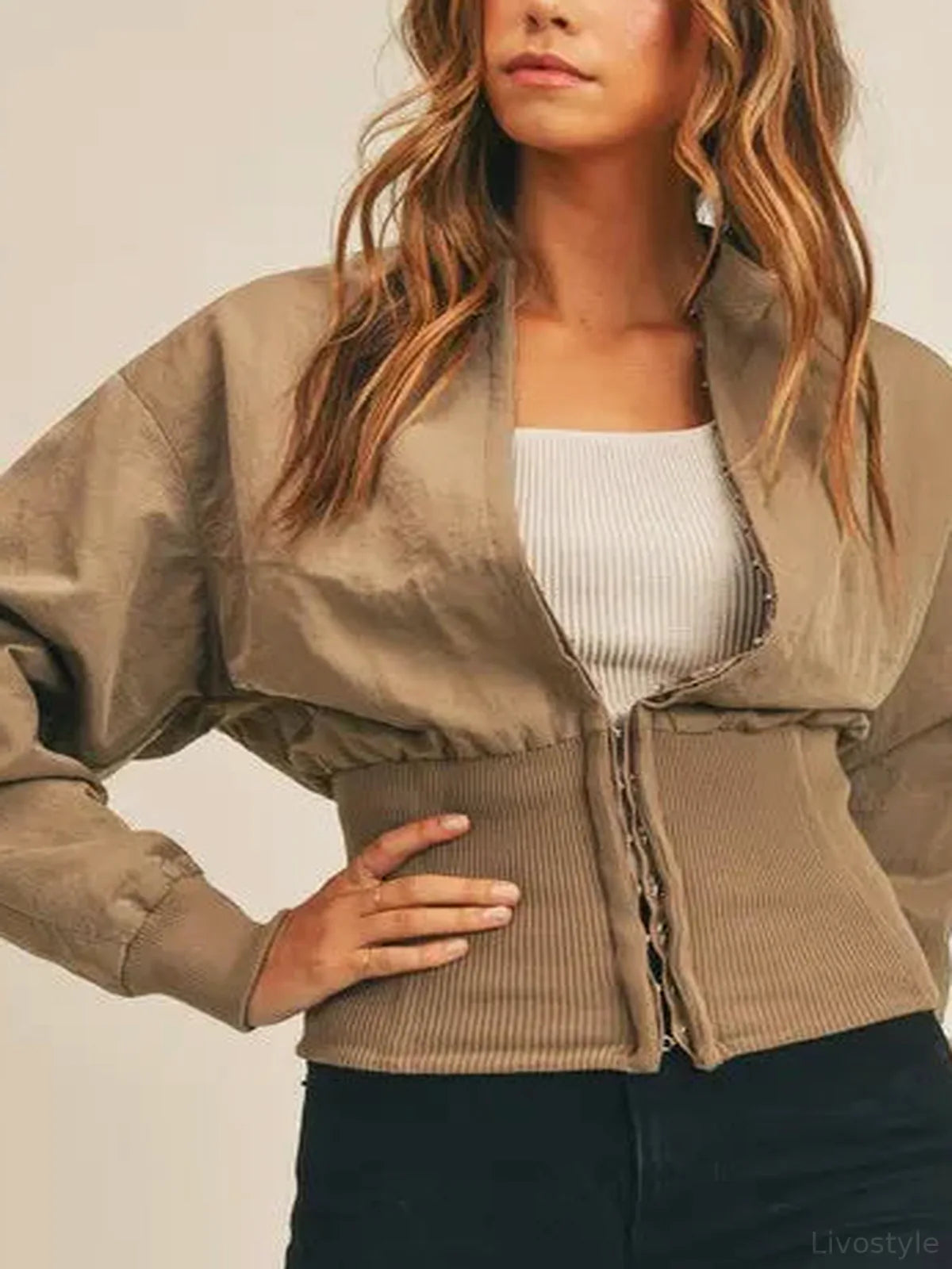 Cropped Long Sleeve Two-Way Zip Jacket with Cinched Waist – Mocha