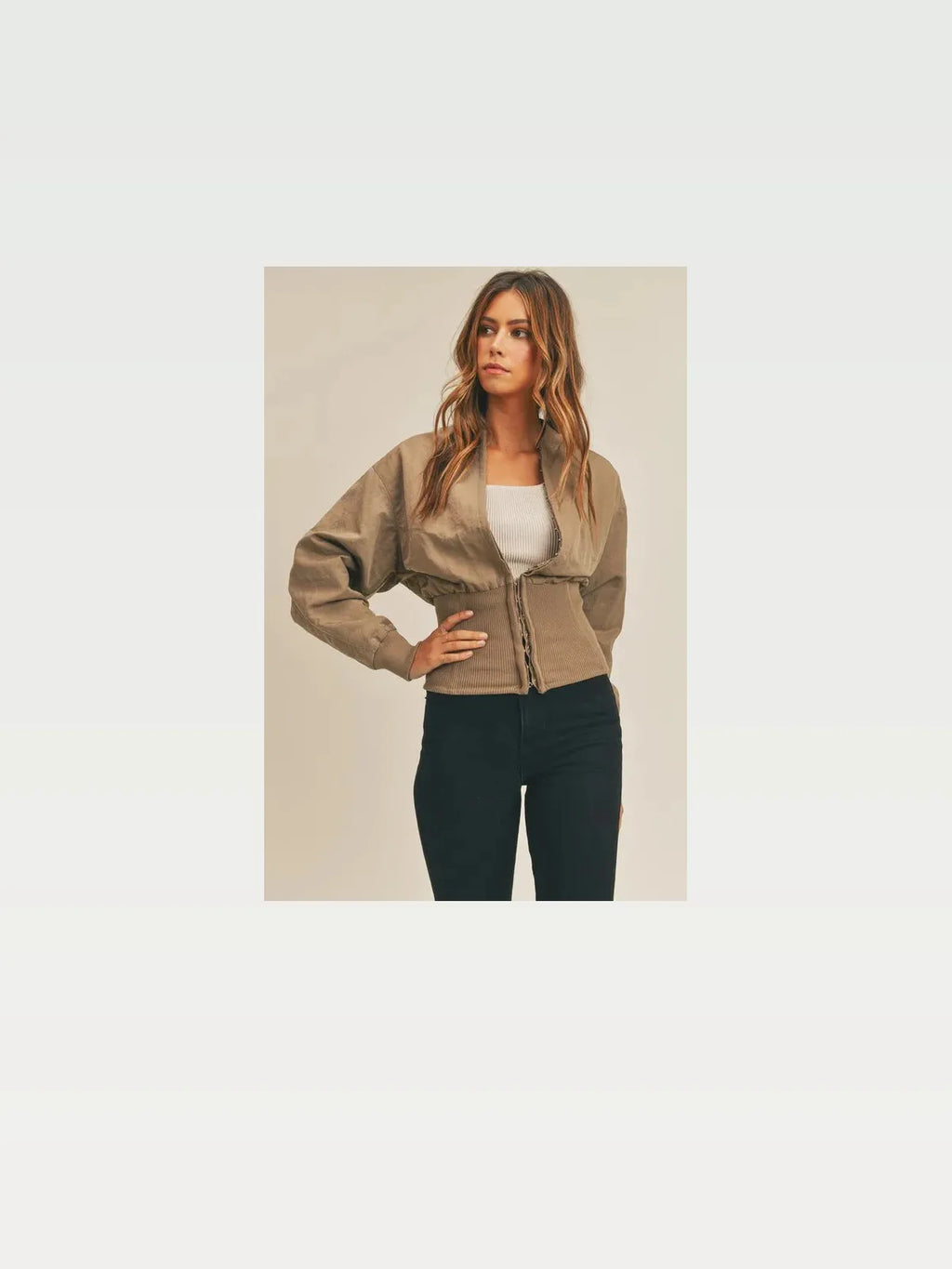 Cropped Long Sleeve Two-Way Zip Jacket with Cinched Waist – Mocha