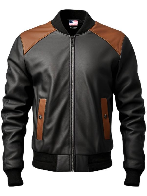 Men's Black Leather Bomber Jacket