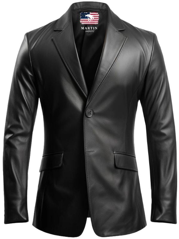 Men Two Button Black Leather Blazer