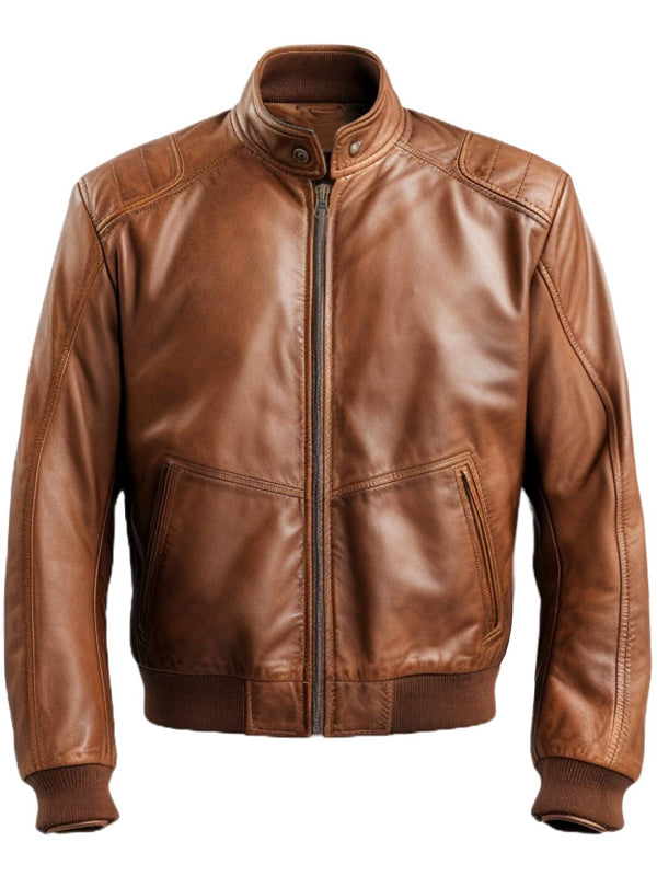 Men's Brown Leather Bomber Jacket