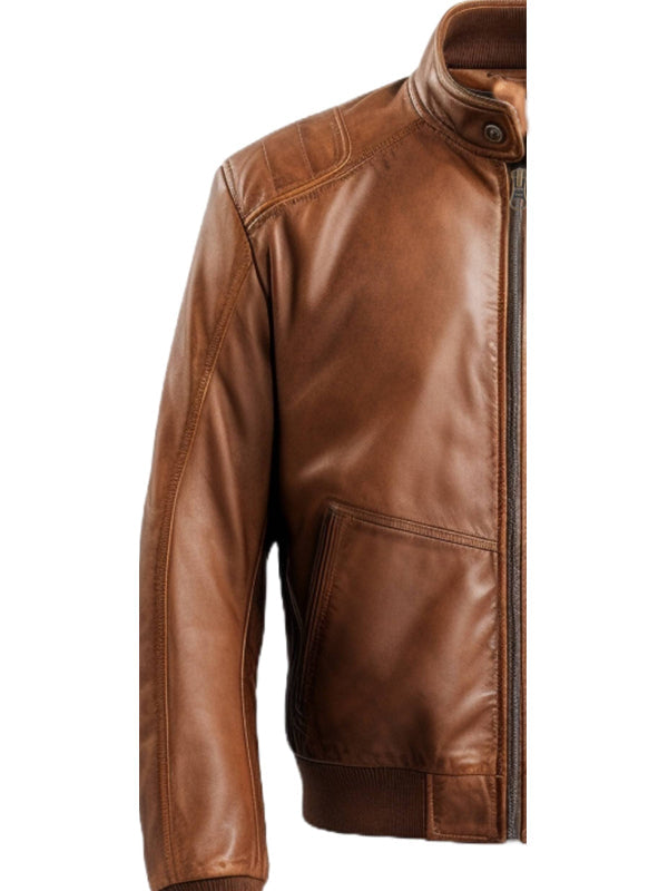 Men's Brown Leather Bomber Jacket