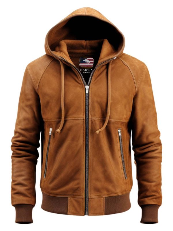 Men's Camel Brown Suede Hooded Jacket