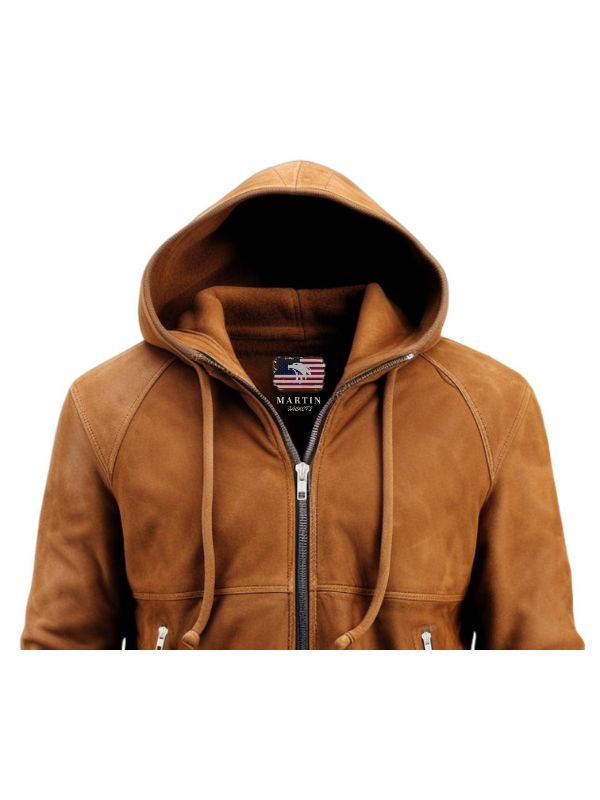 Men's Camel Brown Suede Hooded Jacket