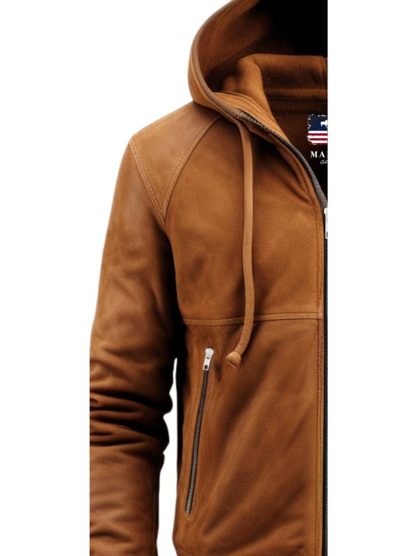 Men's Camel Brown Suede Hooded Jacket