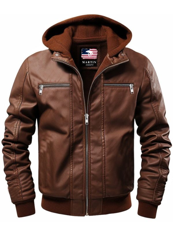 Men's Brown Hooded Leather Bomber Jacket