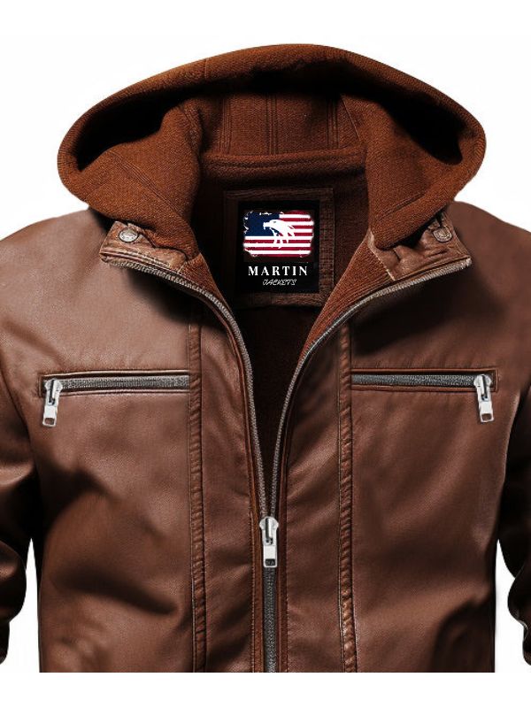 Men's Brown Hooded Leather Bomber Jacket