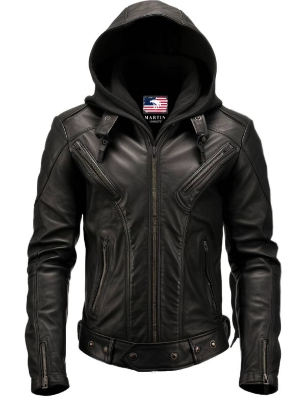 Men's Black Hooded Leather Bomber Jacket