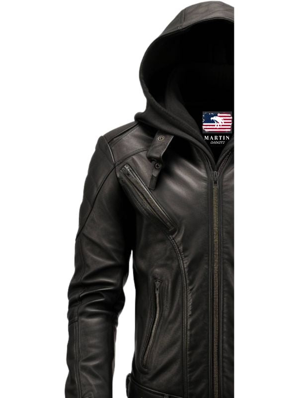 Men's Black Hooded Leather Bomber Jacket