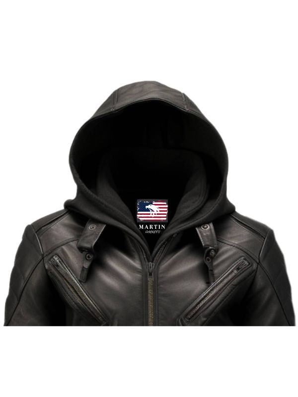 Men's Black Hooded Leather Bomber Jacket