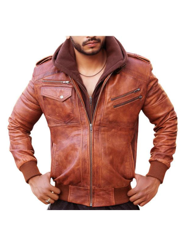 Men's Brown Leather Motorcycle Jacket with Removable Hood