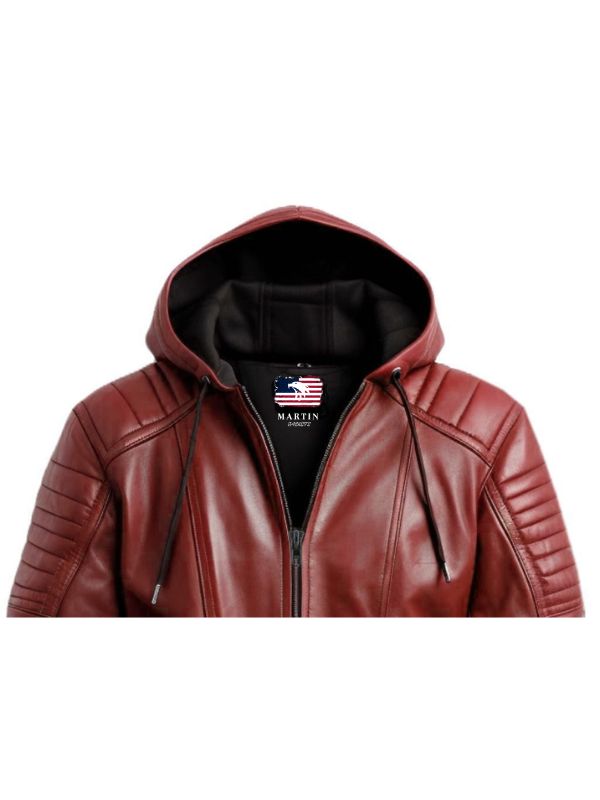 Men Red hooded Leather Biker Jacket