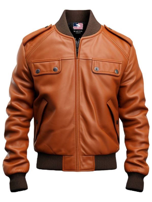 Men's Brown Multi-Pocket Leather Bomber Jacket