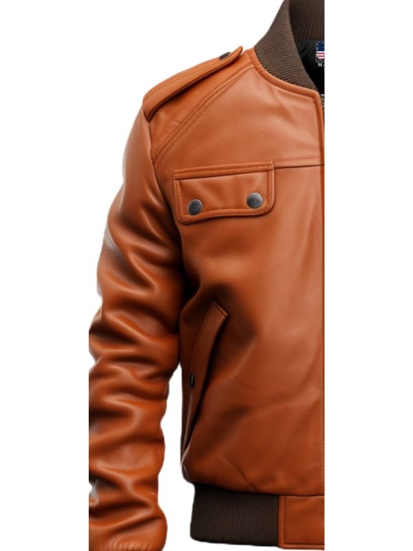 Men's Brown Multi-Pocket Leather Bomber Jacket
