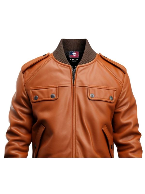 Men's Brown Multi-Pocket Leather Bomber Jacket