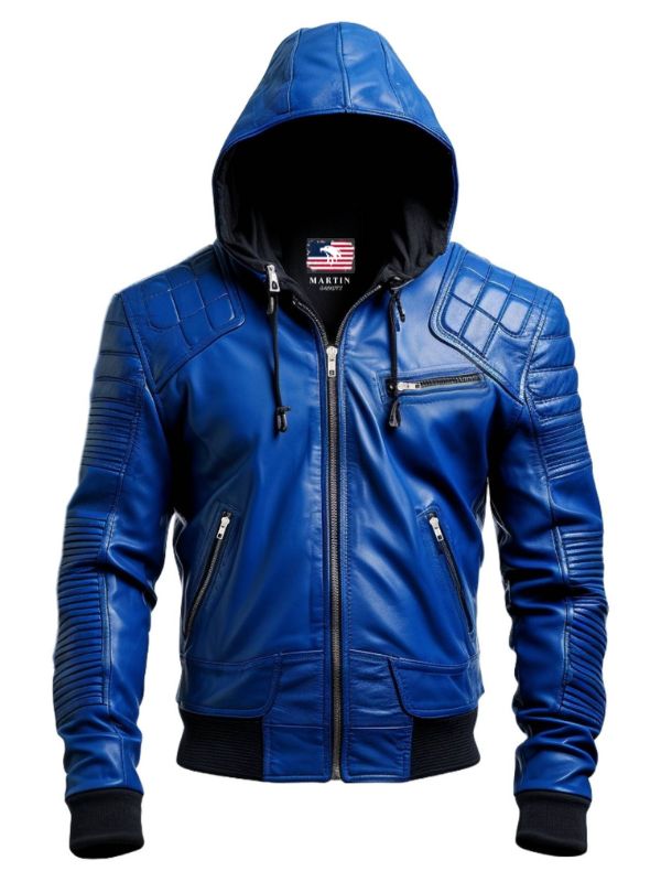 Men's Blue Hooded Leather Jacket