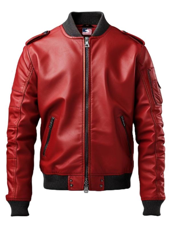 Men's Red Leather Bomber Jacket