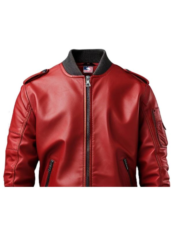 Men's Red Leather Bomber Jacket