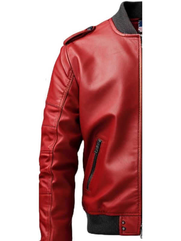 Men's Red Leather Bomber Jacket