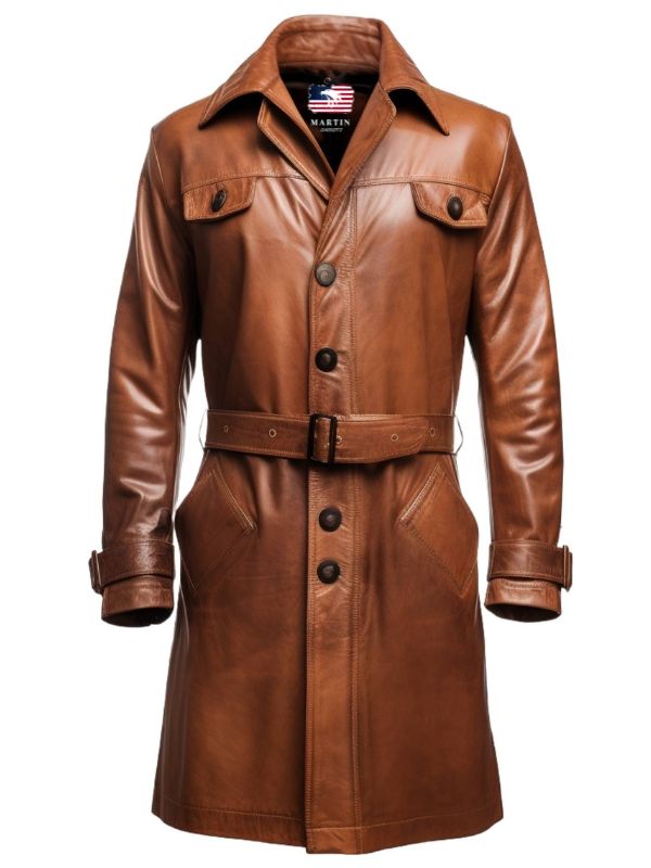 Men's Vintage Brown Leather Long Coat with Belt