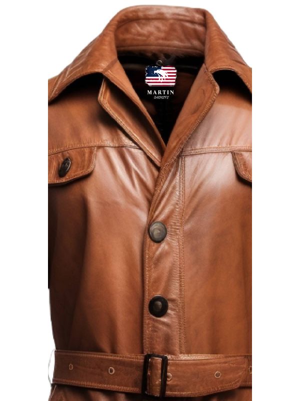 Men's Vintage Brown Leather Long Coat with Belt