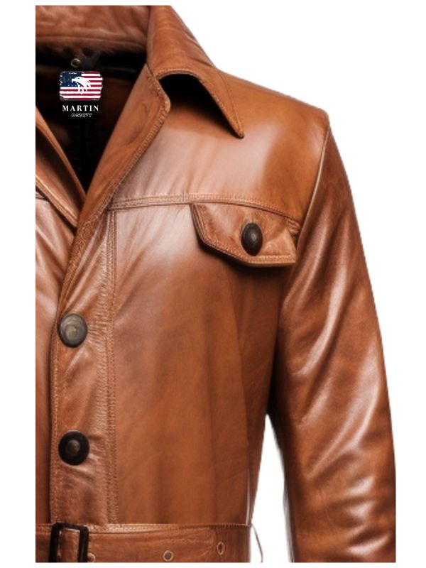 Men's Vintage Brown Leather Long Coat with Belt