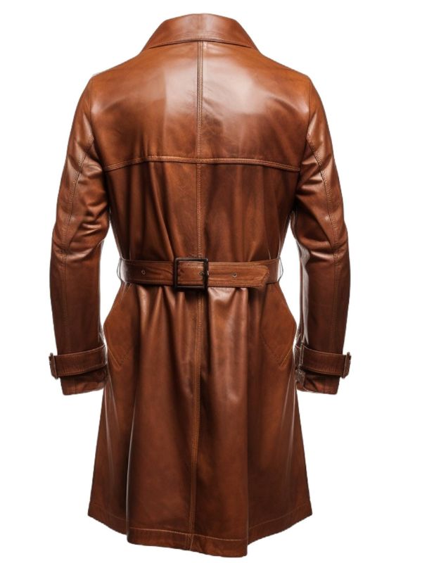 Men's Vintage Brown Leather Long Coat with Belt