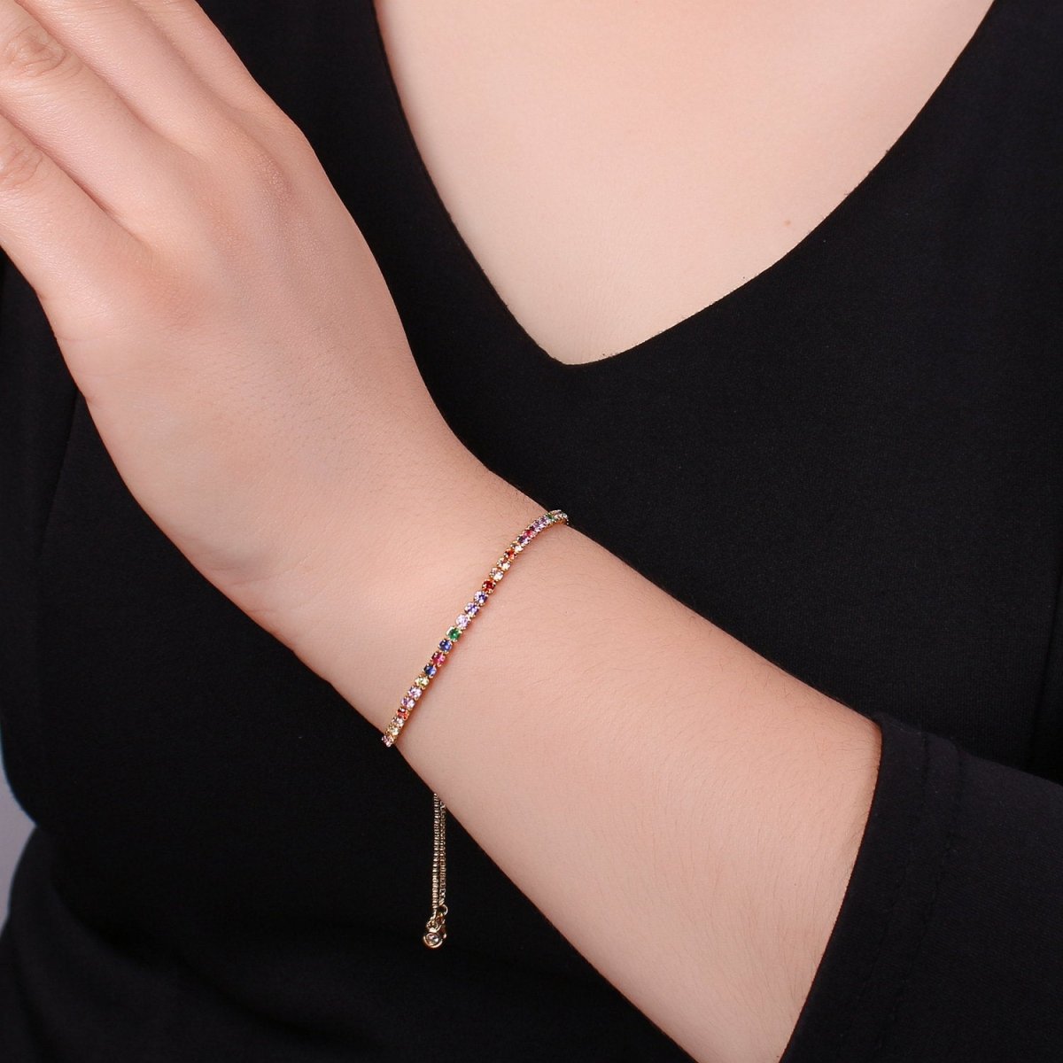 Micro Pave Adjustable Bracelet, Rainbow Clear CZ Cubic Bracelet Gold tennis bracelet in 14k Gold Filled Chain | K-546 K-547